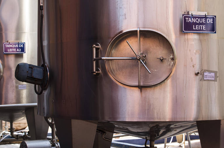 Tanques refrigerados de armazenamento de leite da Fazenda Agrindus; a ordenha é mecanizada e o leite sai direto da vaca até os tanques, via tubulação subterrânea, sem contato humano 