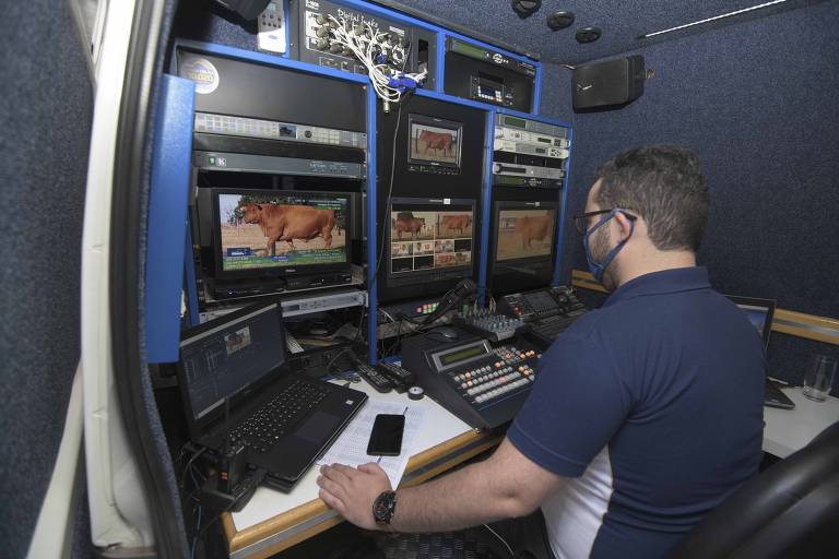 Funcionário observa imagens dos animais em sala de transmissão usada para o pregão do 11º Leilão Genética Senepol, realizado na Estância  Bahia Leilões, em Cuiabá