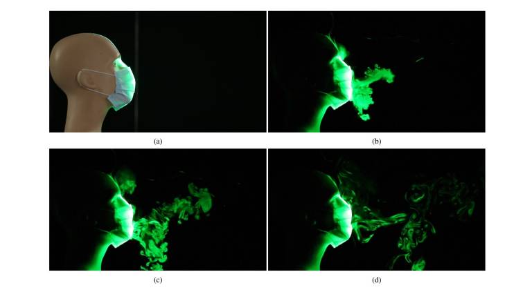 quatro fotos mostram que nuvem de gotículas se espalham pelo ar após simulação de espirro