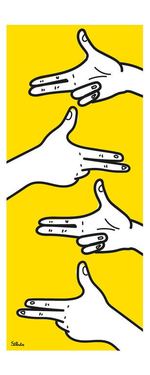 Ilustração de quatro mãos brancas apontando os dedos indicador e médio para frente, sobre fundo amarelo