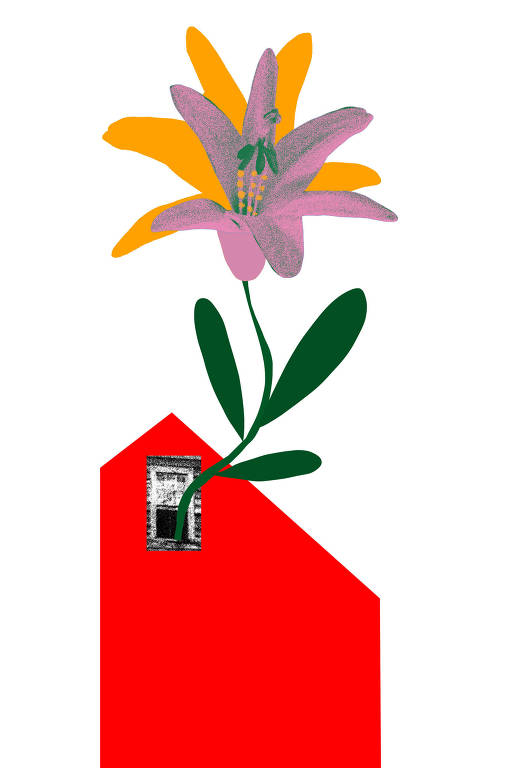 Ilustração de uma grande flor rosa e amarela saindo de uma janela pequena preta e branca que está uma casa vermelha