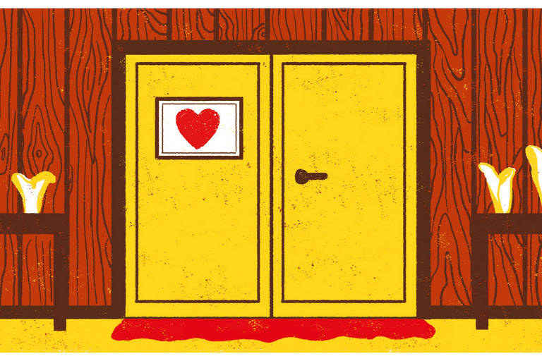 Ilustração de porta amarela com uma placa em que há um coração no lado esquerdo. A parede em volta da porta é de madeira e há um aparador de cada lado com dois vasos em cada um.
