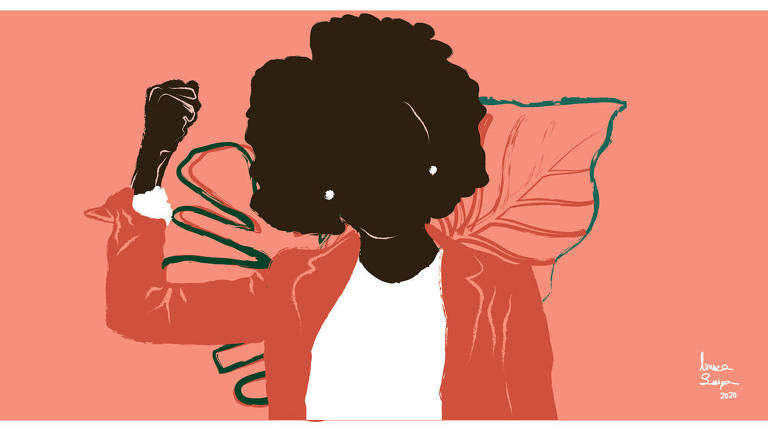 Ilustração de mulher negra com o punho do lado direito fechado e levantado na altura da cabeça