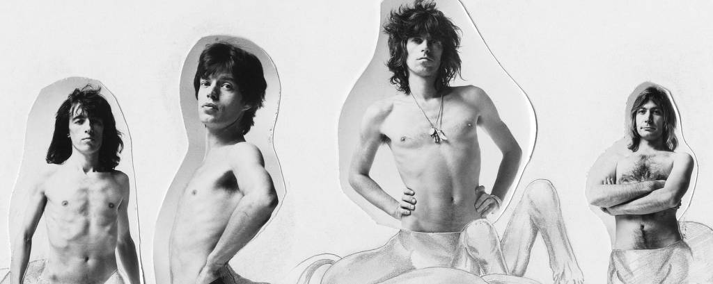Os cinco integrantes dos Rolling Stones aparecem como centauros, com a parte da barriga para cima fotografada e o corpo de cavalo desenhado