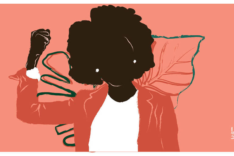 Ilustração de mulher negra com o punho do lado direito fechado e levantado na altura da cabeça