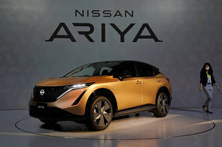 Nissan Motor Corp. displays its new Ariya all-battery SUV during a press preview in Yokohama