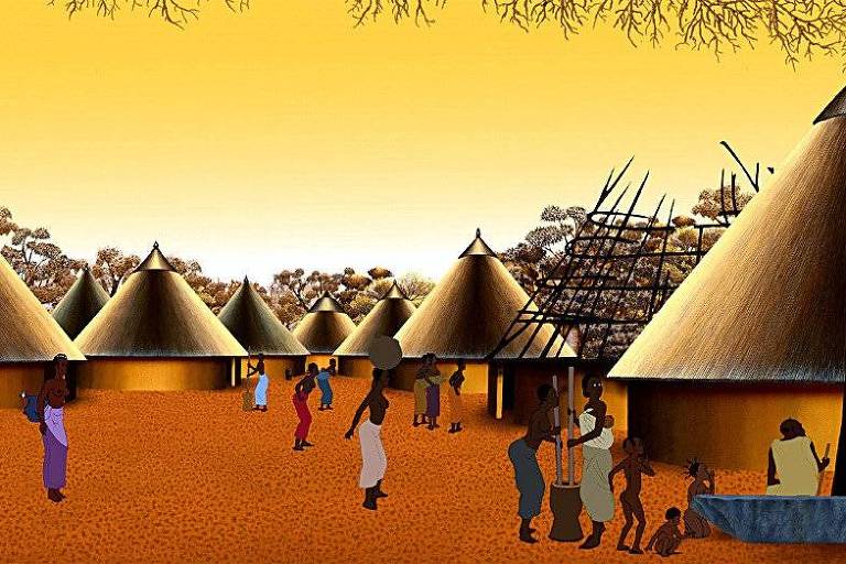 Uma aldeia africana com várias casas e pessoas 