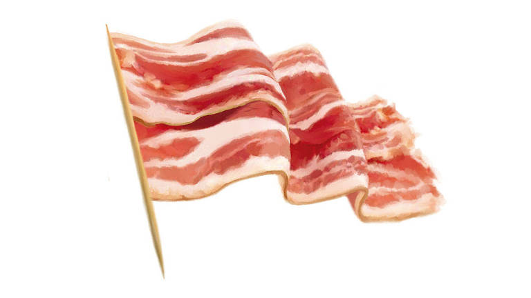 Ilustração de bandeira hasteada balançando. A bandeira é feita de bacon e a haste é um palito de dente