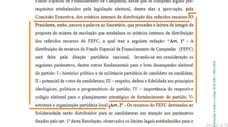 Trecho destacado da ata do Solidariedade elenca critérios do partido para divisão do dinheiro do fundo eleitoral