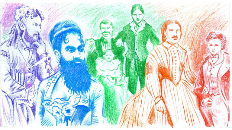 Ilustração com várias pessoas vestindo trajes de época. Algumas com elementos de vestuária e cabelos femininos em pessoas com barba e bigode, outras com roupas tradicionalmente masculinas e cabelos e expressões femininos