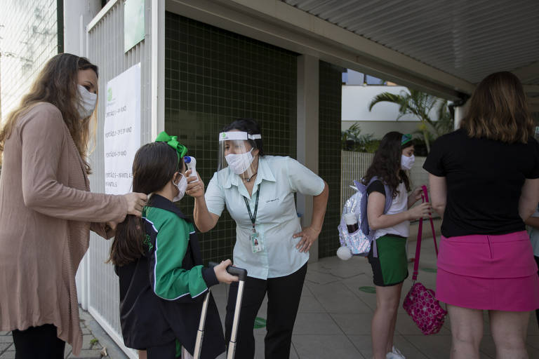 Funcionários do Colégio Uirapuru, na cidade de Sorocaba, medem a temperatura de alunos no primeiro dia de volta às aulas presenciais. Segundo especialistas, assintomáticos, pré-assintomáticos e sintomáticos podem não manifestar febre por causa da Covid-19