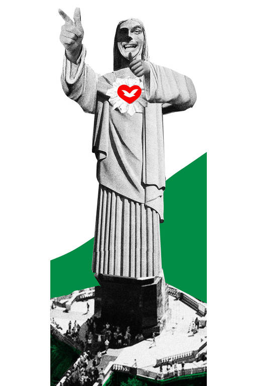 Colagem com uma foto da estátua do Cristo Redentor com o rosto de Jair Bolsonaro e símbolo da Igreja Universal no peito. A estátua está fazendo o gesto de arma com as mãos