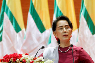 FILE PHOTO: Myanmar State Counsellor Aung San Suu Kyi delivers a speech to the nation regarding the Rakhine and Rohingya situation in Naypyitaw