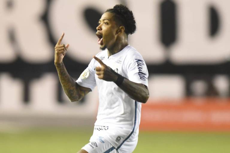O atacante Marinho vibra após marcar o gol do empate do Santos por 2 a 2 com o São Paulo, na Vila Belmiro, pela décima rodada do Campeonato Brasileiro