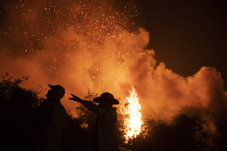 Bombeiros e voluntários combatem o incêndio florestal na fazenda Jofre Velho, do Instituto Panthera, ONG dedicada a preservação e pesquisa com onças-pintadas