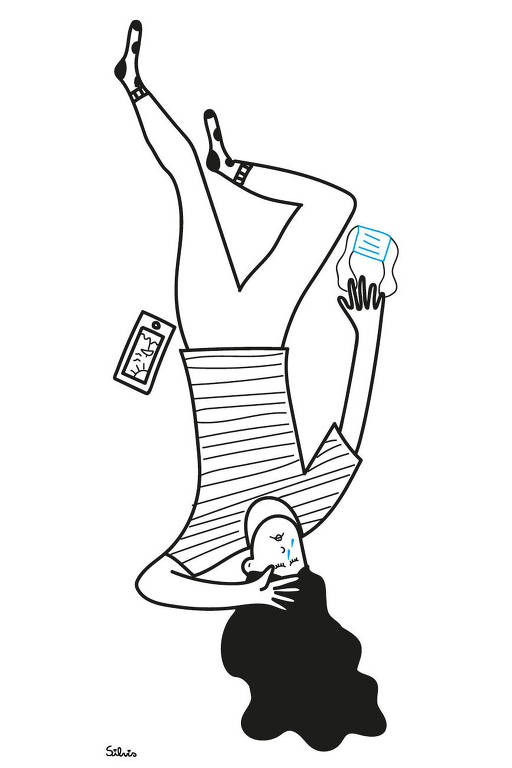 Ilustração de uma mulher caindo com uma máscara descartável perto de uma mão e um celular do outro lado. Ela está chorando com uma das mãos no rosto