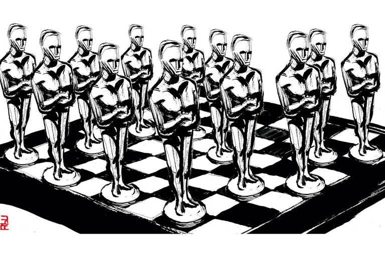Jogo de xadrez com as peças no formato de estátua do Oscar