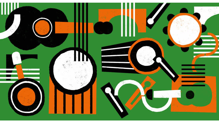 Ilustração de diversos instrumentos musicais, como violão, tambor e pandeiro, representados de maneira simplicada. Os instrumentos são laranja, preto e branco e fundo é verde