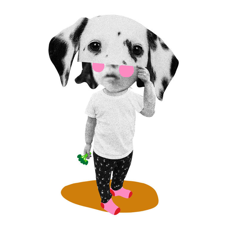 Colagem com foto de uma menina e foto da cabeça de um cachorro dálmata aplicada em cima da metade superior da cabeça da criança. Ela segura um brócolis em uma das mãos e veste camiseta branca, calça preta e meias rosas com detalhes vermelhos