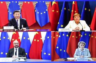 No financeiro chinês Caixin, Xi Jinping e Angela Merkel em conferência