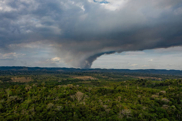 Vista aérea mostra fogo no horizonte do município de Morais Almeida no Pará, onde caminhões trafegam na BR-163 carregados de soja em meio a uma cortina de fumaça de incêndios ilegais na Amazônia.