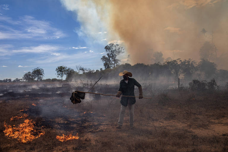 Morador rural do estado de Mato Grosso tenta apagar o fogo de uma queima ilegal em uma área de Reserva Ambiental, durante expedição da Rainforest Foundation para monitorar a produção de soja no Brasil e sua relação com o desmatamento.