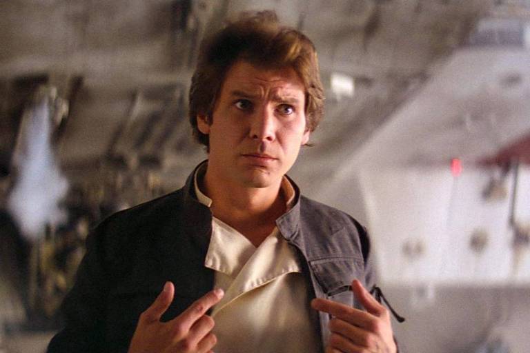 Han Solo, de "Star Wars", aponta para si mesmo com cara de dúvida