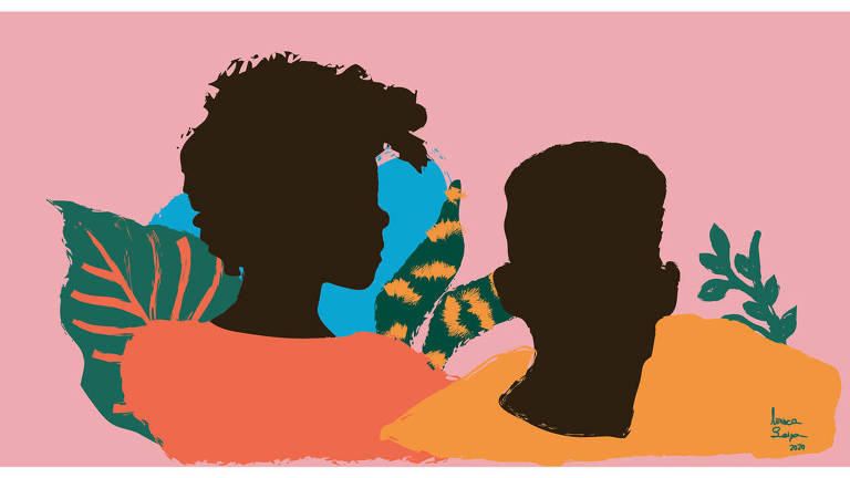Ilustração dos bustos de um homem e uma mulher negros. O fundo é rosa claro e tem folhagens