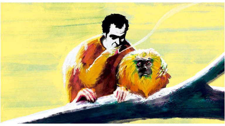 Ilustração de homem fantasiado de mico-leão-dourado sem a cabeça da fantasia, que está encostada em um galho, fumando um cigarro