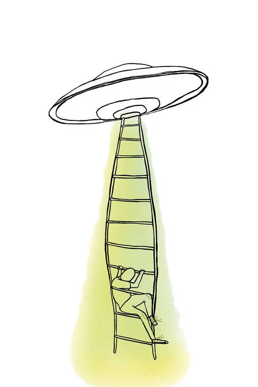 Ilustração de uma pessoa subindo uma escada de corda pendurada em um disco voador