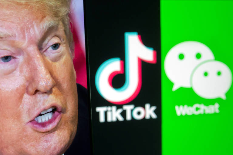 Montagem de imagens do presidente Donald Trump e dos logos dos aplicativos TikTok e WeChat
