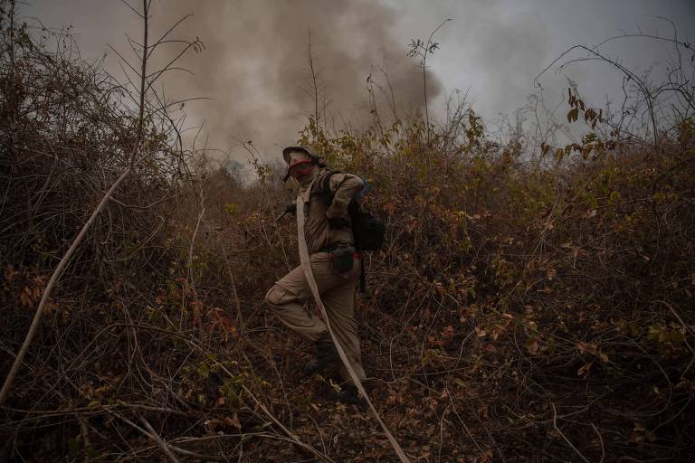 Bombeiro do Mato Grosso combate queimada no Pantanal