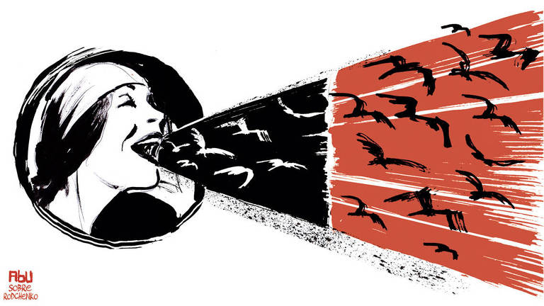 Ilustração de mulher de perfil com a boca aberta e a mão perto dela de onde sai uma faixa preta e vermelha com vários pássaros voando