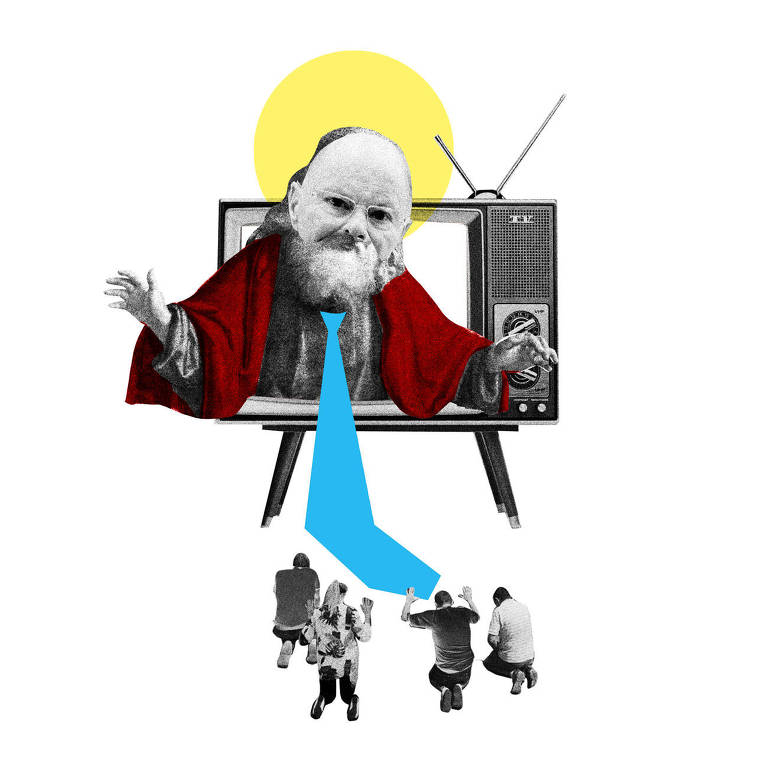 Colagem com foto de uma homem careca com barba branca saindo da TV com os braços abertos. Na frente do aparelho, quatro pessoas estão  ajoelhadas com os braços para o alto