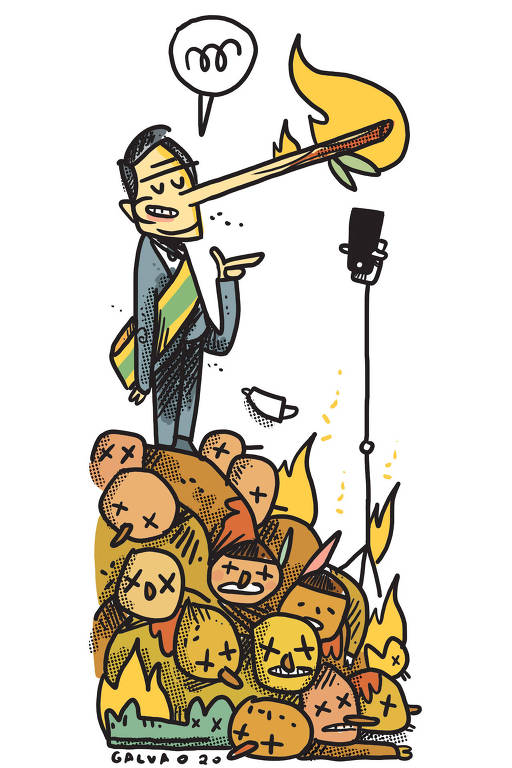 Ilustração de homem vestindo terno e faixa presidencial fazendo um discurso enquanto seu nariz de madeira está pegando fogo. Ele está em pé em cima de vários corpos empilhados