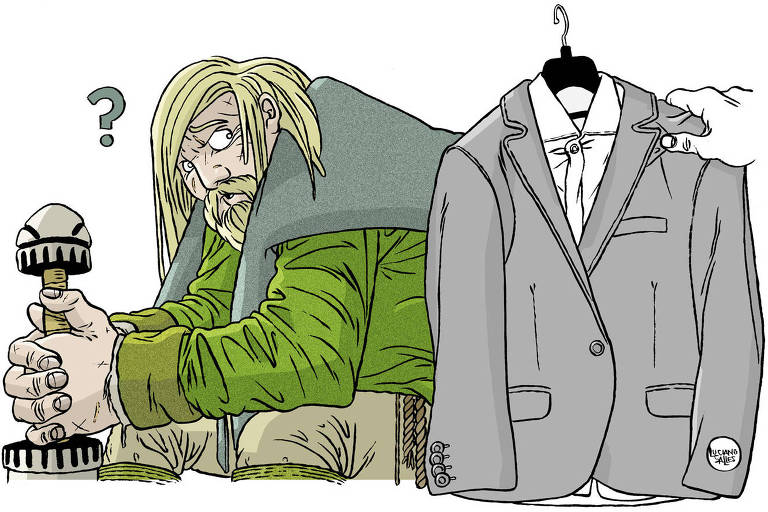 Ilustração de um terno e uma camisa pendurados em um cabide sendo oferecidos para um homem com cabelos e barba longos vestindo roupas largas. O homem está sentado segurando um peso com as mãos e há um ponto de interrogação perto dele