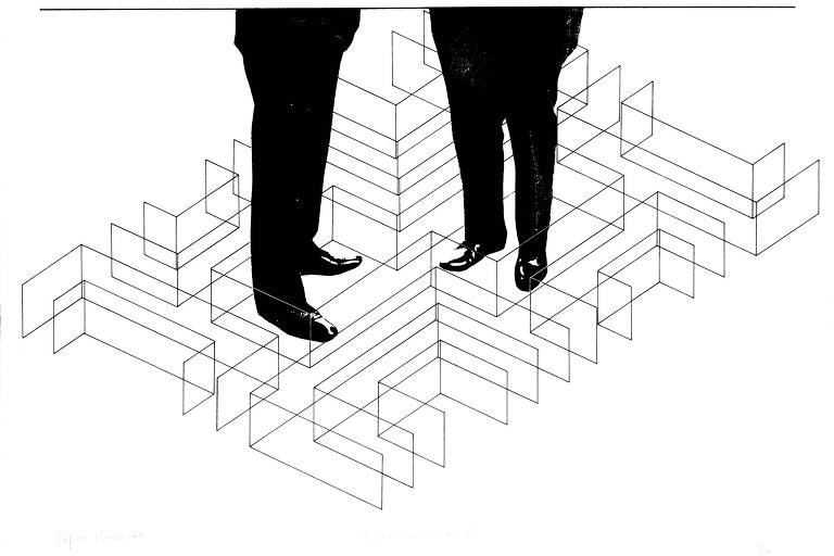 ilustração de pés de executivos sobre espécie de labirinto em formas geográficas