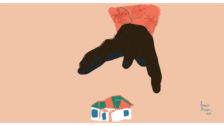 Ilustração de uma mão negra pairando sob uma pequena casa