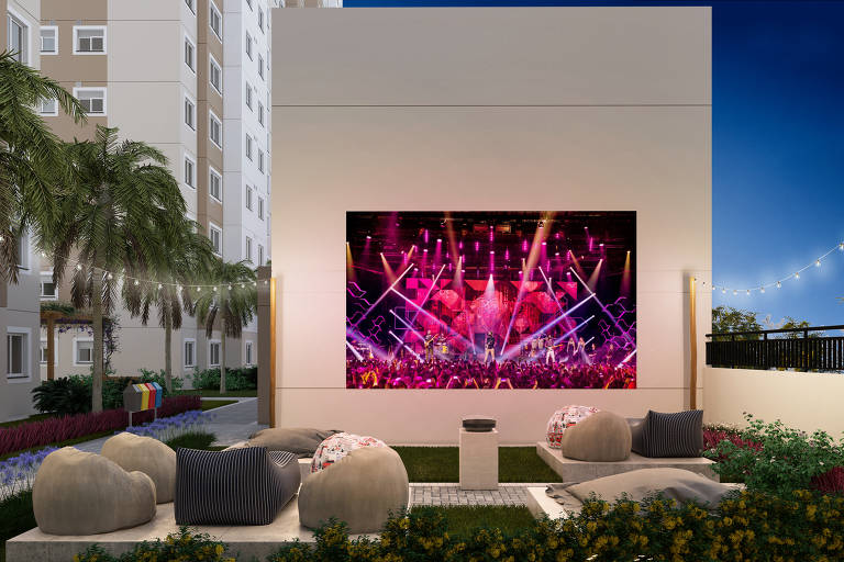 Projeção de espaço para cinema no jardim do empreendimento Cury Tatuapé, na zona leste de São Paulo