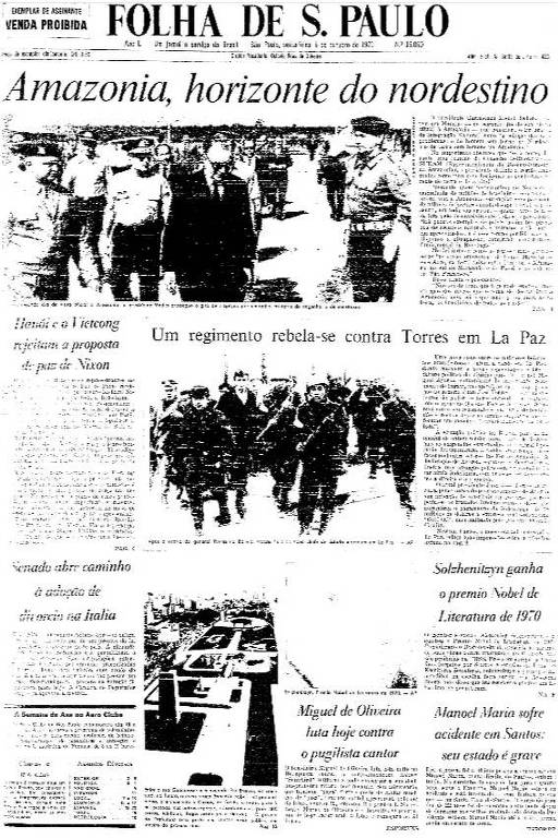 Primeira Página da Folha de 9 de outubro de 1970