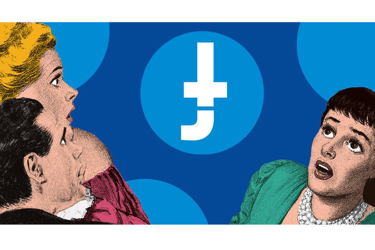Ilustração mostra 3 pessoas olhando para o logo do Facebook assustadas