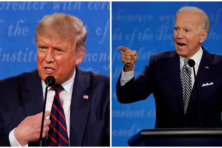 O republicano Donald Trump, que tenta a reeleição, e o democrata Joe Biden (dir.) no primeiro debate entre os candidatos à Presidência dos EUA