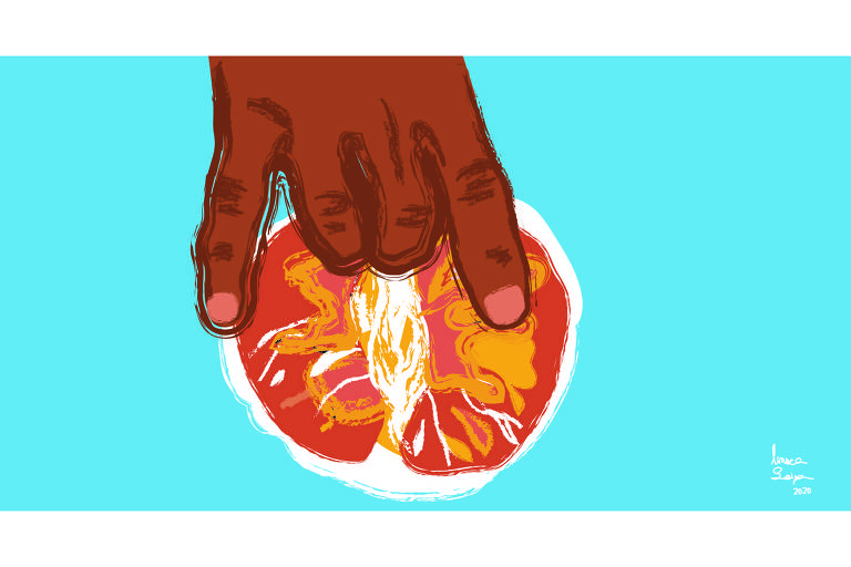 Ilustração mostra mão negra colocando os dedos médio e anelar dentro de uma fruta cortada ao meio, sobre fundo azul claro.