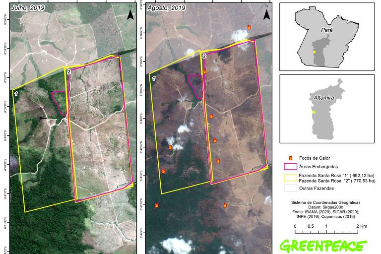 Imagens de satélite apontam pontos de fogo na fazenda Santa Rosa, no Pará