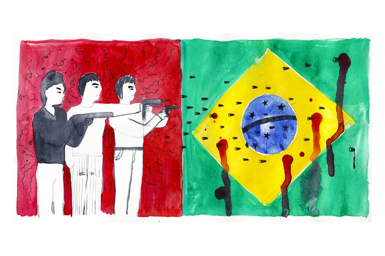 Ilustração de três homens atirando na bandeira do Brasil, atras deles, o fundo é vermelho. Da bandeira, escorre sangue 