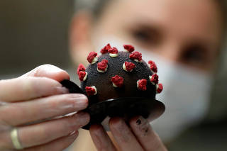 Cakes shaped like a microscopic view of the coronavirus in Prague