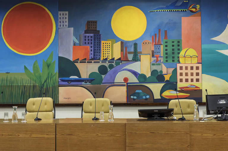 Obra "Integração do Brasil na Cidade de São Paulo" (1969), do artista Ademir Martins, que fica na sala do plenário Prestes Maia da Câmara