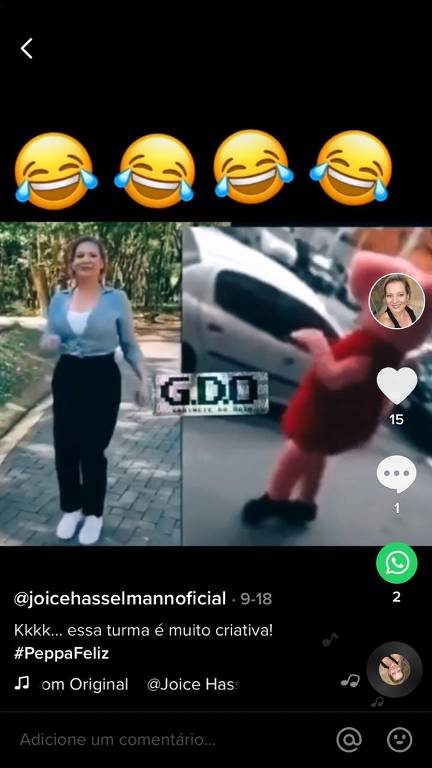 Candidata à Prefeitura de São Paulo Joice Hasselmann (PSL) e a personagem Peppa Pig aparecem dançando em tela dividida em vídeo publicado no TikTok