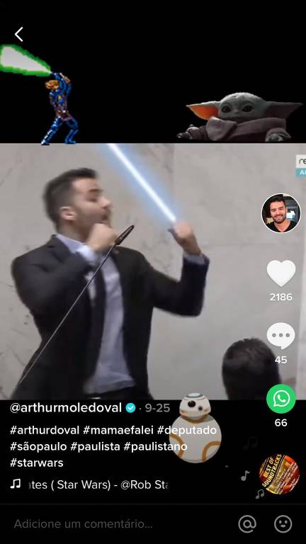 Candidato a prefeito de São Paulo Arthur do Val (Patriota) aparece com sabre de luz em vídeo no TikTok