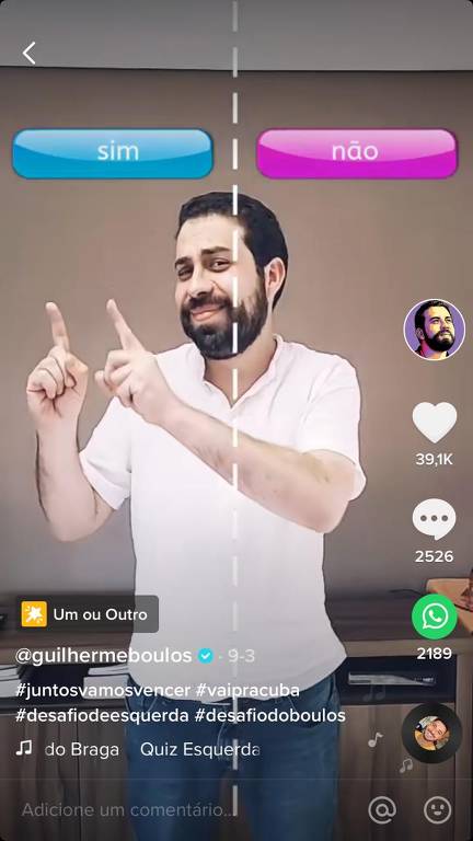 Candidato a prefeito de São Paulo Guilherme Boulos (PSOL) participa do "Quiz para as Pessoas de Esquerda" no TikTok